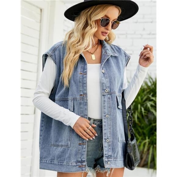 New Women's Cropped Distressed Denim Vest - Ripped Sleeveless Jean Jacket with - Picture 3 of 6